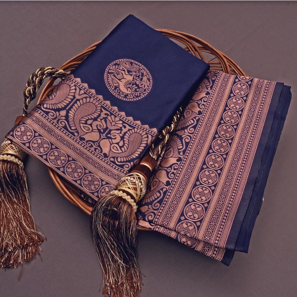NOZ2TOZ Jacquard Lichi Silk Navy Blue Saree With Unstitched Blouse Piece - Distacart