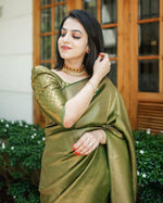Thumbnail for Malishka Jacquard Lichi Silk Green Saree With Unstitched Blouse Piece - Distacart