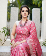 Thumbnail for Malishka Jacquard Lichi Silk Pink Saree With Unstitched Blouse Piece - Distacart