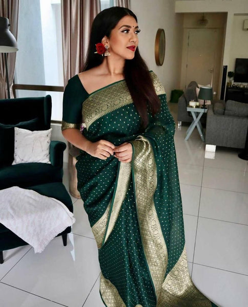 NOZ2TOZ Jacquard Lichi Silk Green Saree With Unstitched Blouse Piece - Distacart