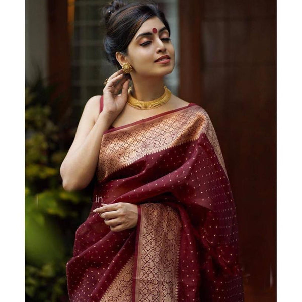 NOZ2TOZ Jacquard Lichi Silk Maroon Saree With Unstitched Blouse Piece - Distacart