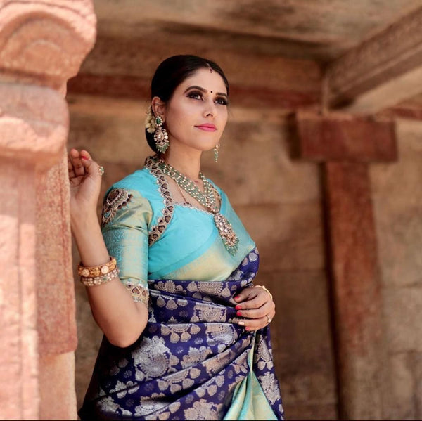 NOZ2TOZ Jacquard Lichi Silk Blue Saree With Unstitched Blouse Piece - Distacart