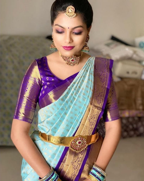 NOZ2TOZ Jacquard Lichi Silk Sky Blue Saree With Unstitched Blouse Piece - Distacart