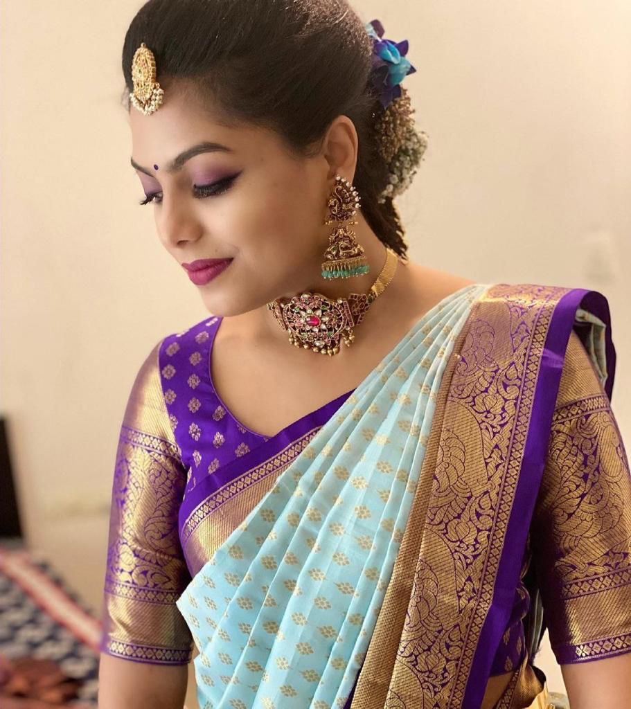 NOZ2TOZ Jacquard Lichi Silk Sky Blue Saree With Unstitched Blouse Piece - Distacart
