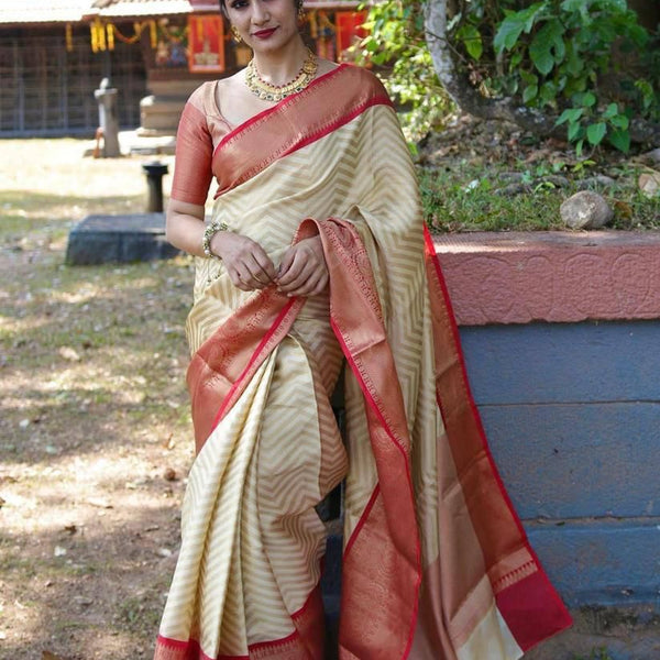 NOZ2TOZ Jacquard Lichi Silk Cream Saree With Unstitched Blouse Piece - Distacart