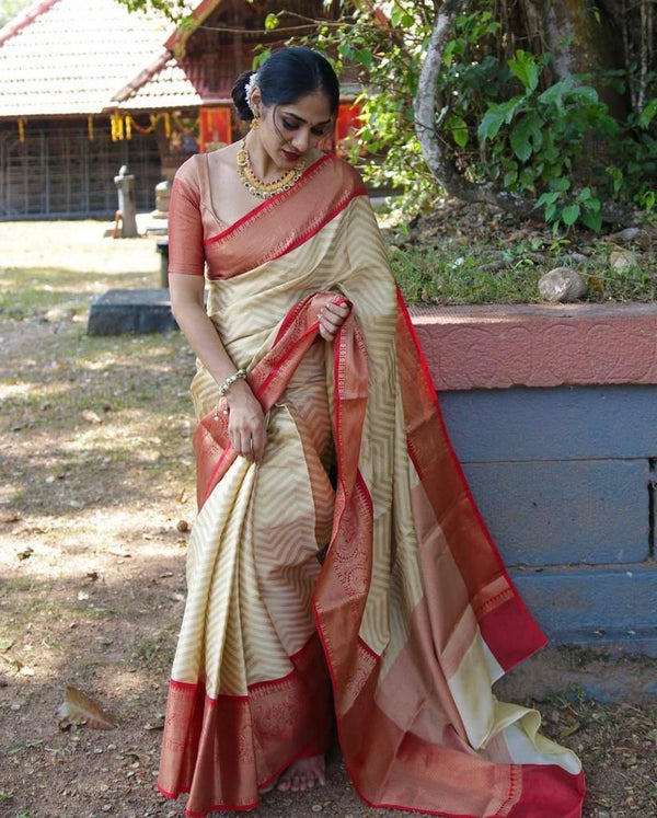 NOZ2TOZ Jacquard Lichi Silk Cream Saree With Unstitched Blouse Piece - Distacart