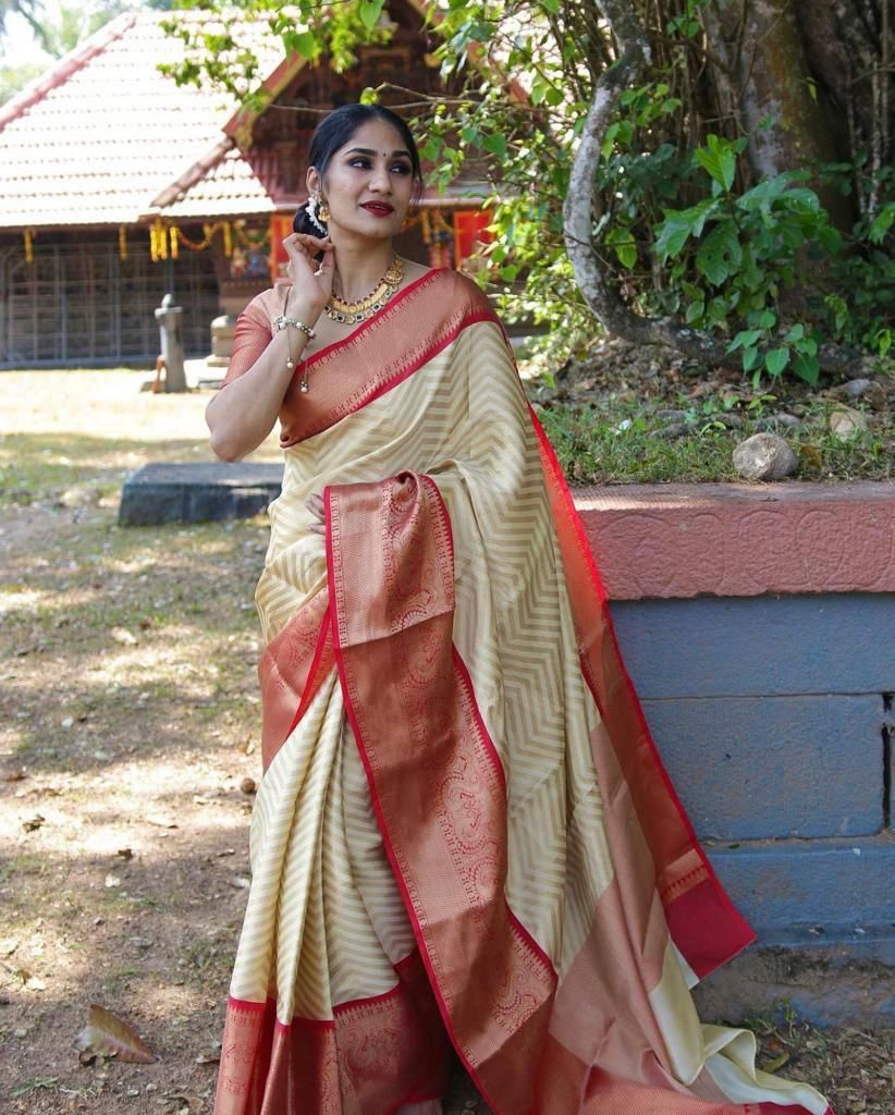 NOZ2TOZ Jacquard Lichi Silk Cream Saree With Unstitched Blouse Piece - Distacart