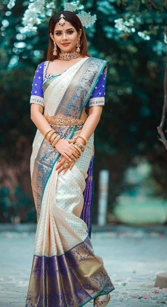 Malishka Jacquard Lichi Silk White Saree With Unstitched Blouse Piece