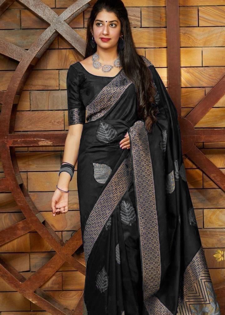 NOZ2TOZ Jacquard Lichi Silk Black Saree With Unstitched Blouse Piece - Distacart