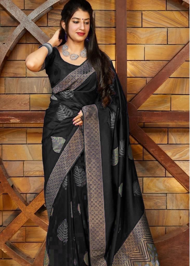 NOZ2TOZ Jacquard Lichi Silk Black Saree With Unstitched Blouse Piece - Distacart