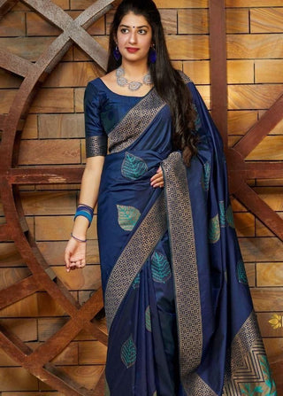 Malishka Jacquard Lichi Silk Navy Blue Saree With Unstitched Blouse Piece - Distacart