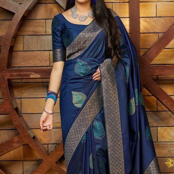 NOZ2TOZ Jacquard Lichi Silk Navy Blue Saree With Unstitched Blouse Piece - Distacart