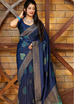 Thumbnail for NOZ2TOZ Jacquard Lichi Silk Navy Blue Saree With Unstitched Blouse Piece - Distacart