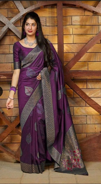 NOZ2TOZ Jacquard Lichi Silk Purple Saree With Unstitched Blouse Piece - Distacart