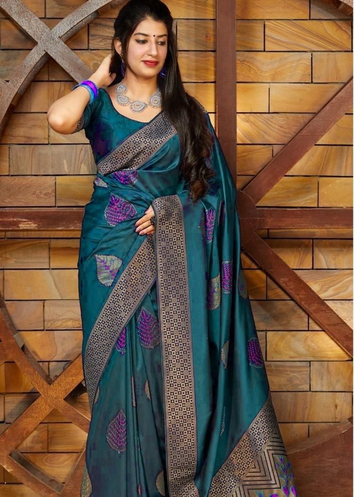 NOZ2TOZ Jacquard Lichi Silk Teal Saree With Unstitched Blouse Piece - Distacart