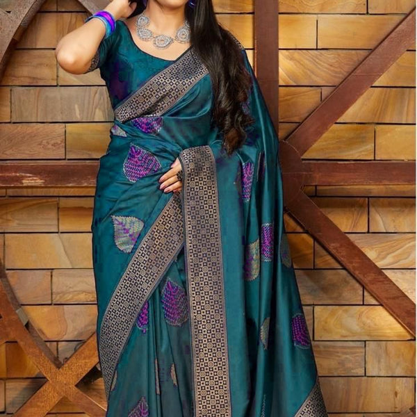 NOZ2TOZ Jacquard Lichi Silk Teal Saree With Unstitched Blouse Piece - Distacart