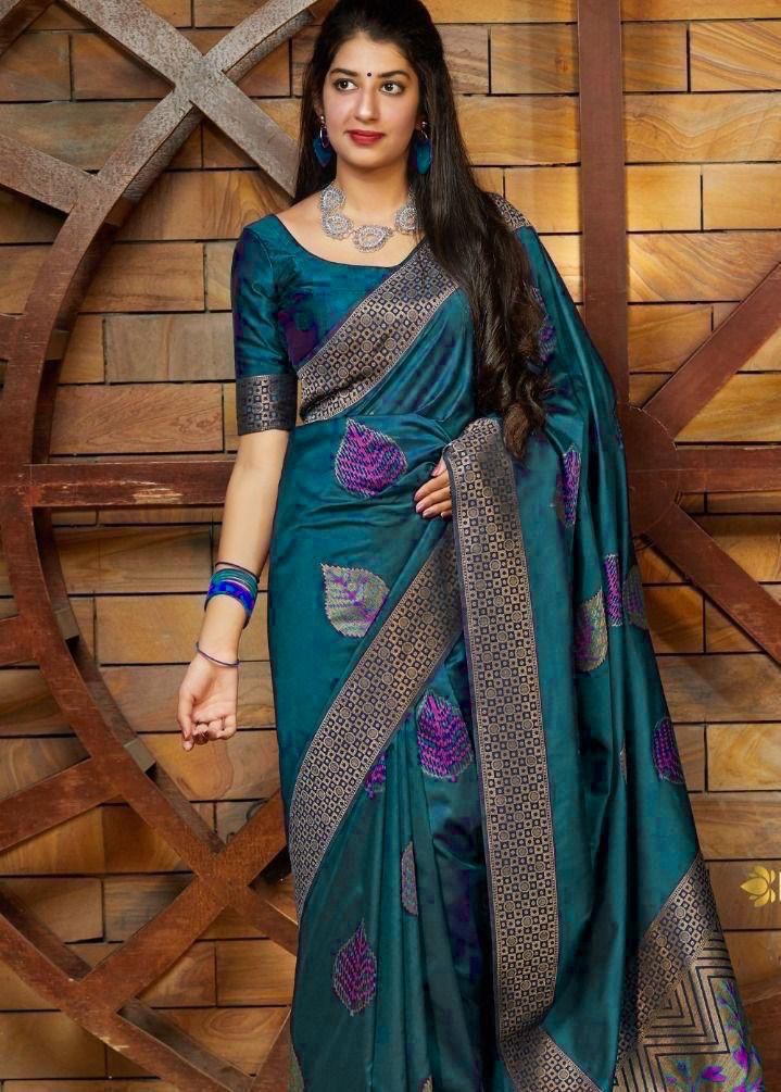 NOZ2TOZ Jacquard Lichi Silk Teal Saree With Unstitched Blouse Piece - Distacart