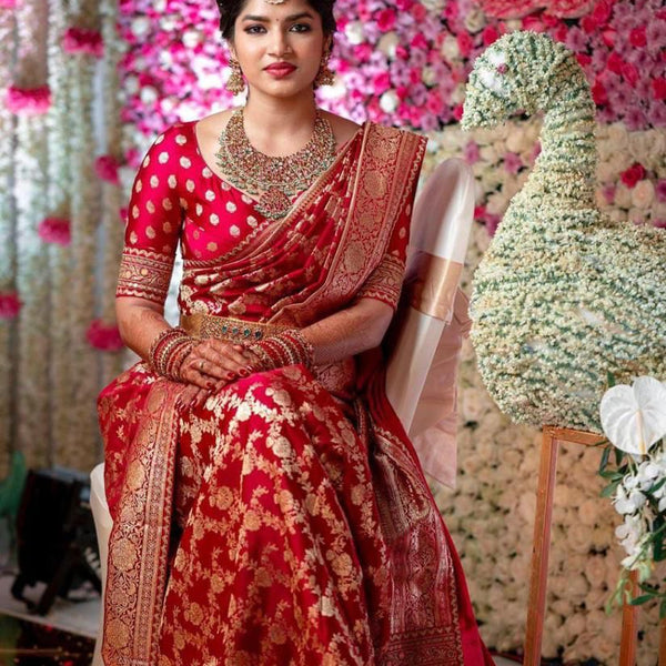 NOZ2TOZ Jacquard Lichi Silk Red Saree With Unstitched Blouse Piece - Distacart