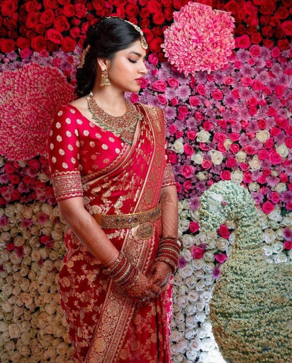 NOZ2TOZ Jacquard Lichi Silk Red Saree With Unstitched Blouse Piece - Distacart
