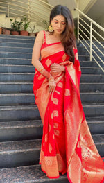 Thumbnail for Malishka Jacquard Lichi Silk Red Saree With Unstitched Blouse Piece