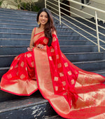 Thumbnail for Malishka Jacquard Lichi Silk Red Saree With Unstitched Blouse Piece