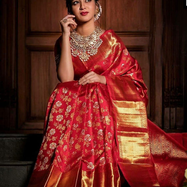 NOZ2TOZ Jacquard Lichi Silk Red Saree With Unstitched Blouse Piece - Distacart