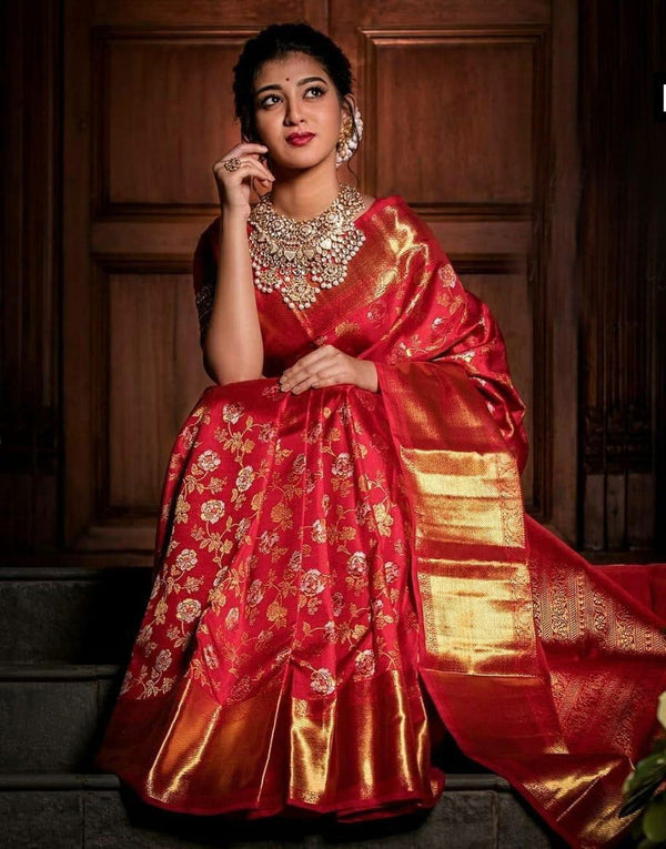 NOZ2TOZ Jacquard Lichi Silk Red Saree With Unstitched Blouse Piece - Distacart