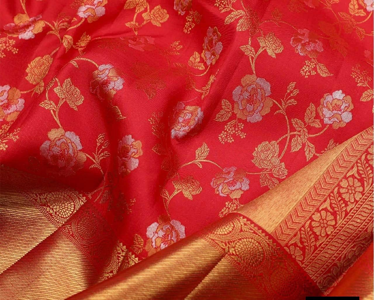 NOZ2TOZ Jacquard Lichi Silk Red Saree With Unstitched Blouse Piece - Distacart