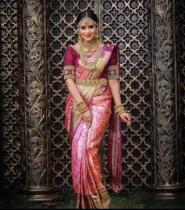 Malishka Jacquard Lichi Silk Pink Saree With Unstitched Blouse Piece - Distacart