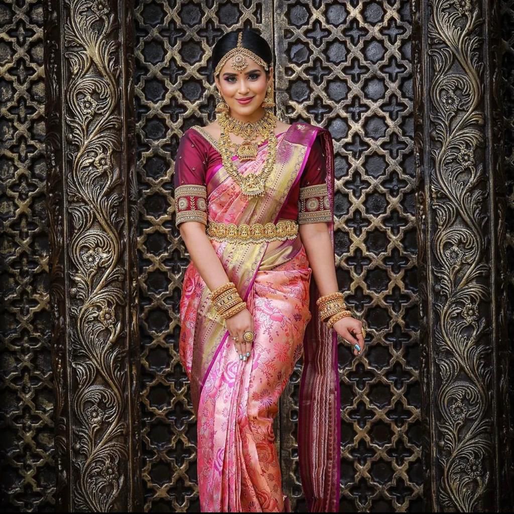 Malishka Jacquard Lichi Silk Pink Saree With Unstitched Blouse Piece - Distacart