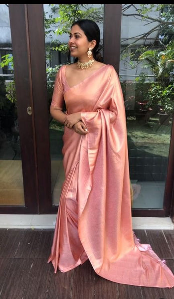 NOZ2TOZ Jacquard Lichi Silk Peach Saree With Unstitched Blouse Piece - Distacart