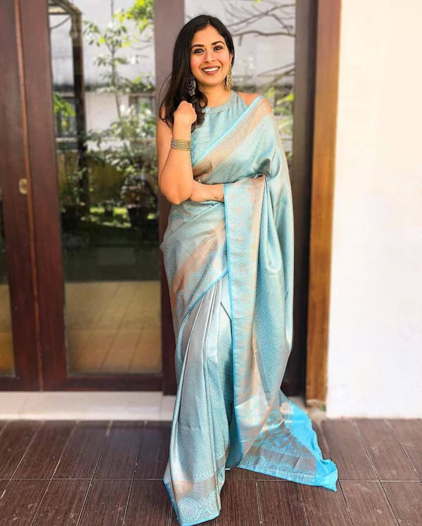 NOZ2TOZ Jacquard Lichi Silk Sky Blue Saree With Unstitched Blouse Piece - Distacart