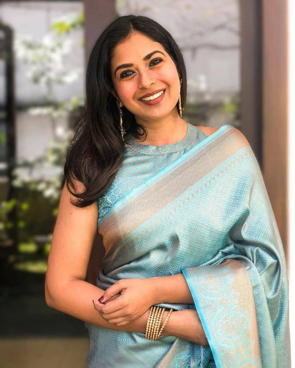 NOZ2TOZ Jacquard Lichi Silk Sky Blue Saree With Unstitched Blouse Piece - Distacart