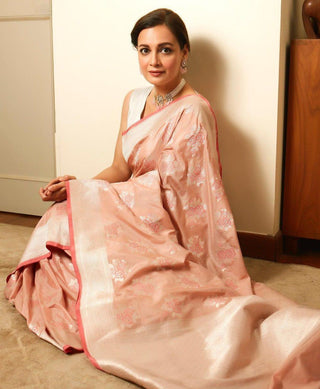 Malishka Jacquard Lichi Silk Peach Saree With Unstitched Blouse Piece - Distacart