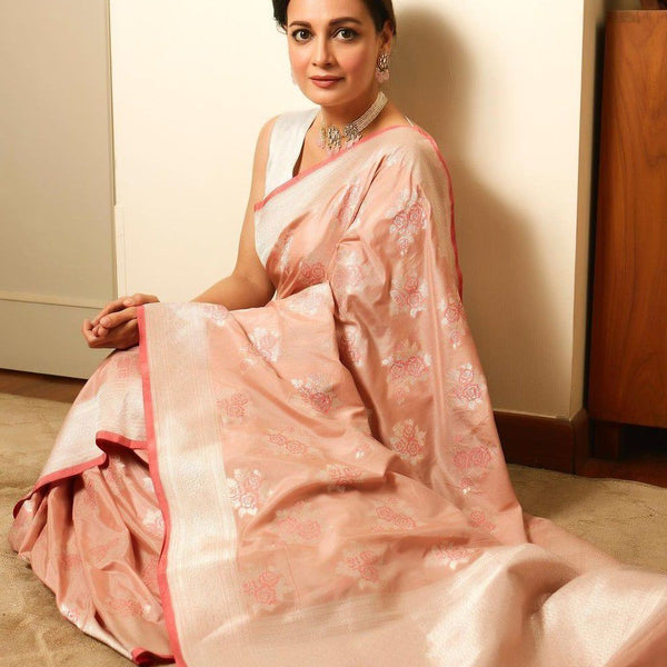 NOZ2TOZ Jacquard Lichi Silk Peach Saree With Unstitched Blouse Piece - Distacart