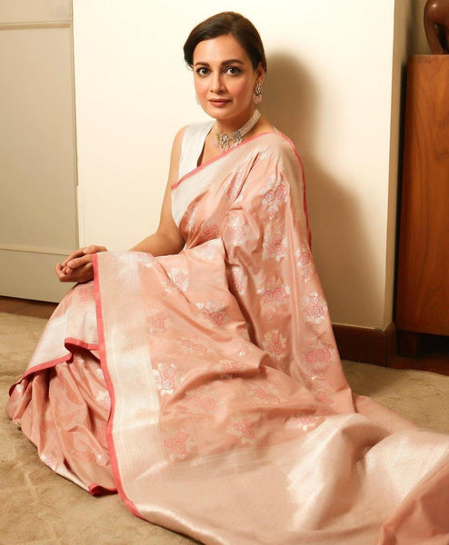 NOZ2TOZ Jacquard Lichi Silk Peach Saree With Unstitched Blouse Piece - Distacart
