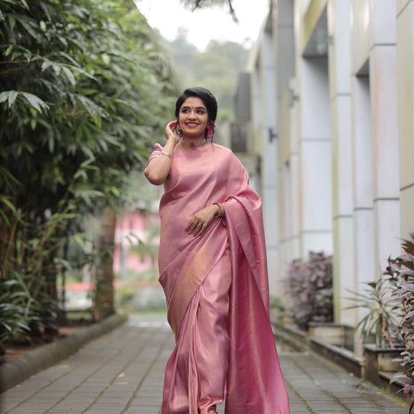 NOZ2TOZ Jacquard Lichi Silk Pink Saree With Unstitched Blouse Piece - Distacart