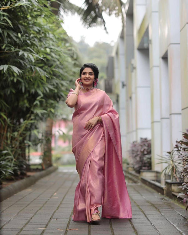 NOZ2TOZ Jacquard Lichi Silk Pink Saree With Unstitched Blouse Piece - Distacart