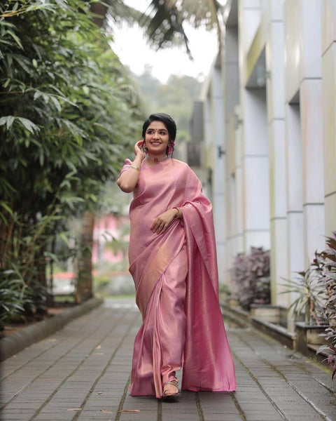 NOZ2TOZ Jacquard Lichi Silk Pink Saree With Unstitched Blouse Piece - Distacart