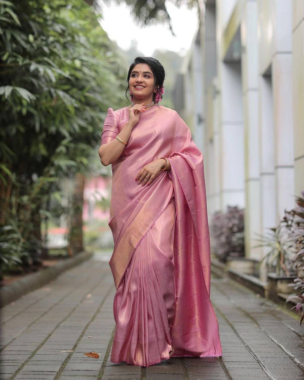NOZ2TOZ Jacquard Lichi Silk Pink Saree With Unstitched Blouse Piece - Distacart