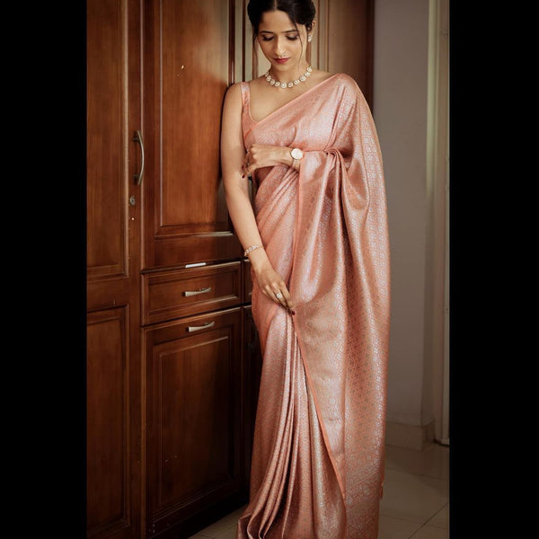 NOZ2TOZ Jacquard Lichi Silk Peach Saree With Unstitched Blouse Piece - Distacart