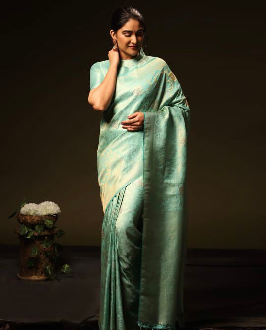 Malishka Jacquard Lichi Silk Pista Saree With Unstitched Blouse Piece - Distacart