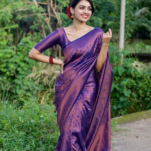 NOZ2TOZ Jacquard Lichi Silk Purple Saree With Unstitched Blouse Piece - Distacart