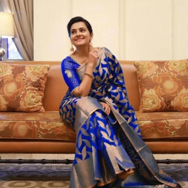 NOZ2TOZ Jacquard Lichi Silk Blue Saree With Unstitched Blouse Piece - Distacart