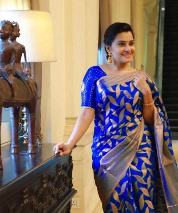 NOZ2TOZ Jacquard Lichi Silk Blue Saree With Unstitched Blouse Piece - Distacart
