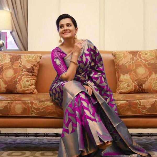 NOZ2TOZ Jacquard Lichi Silk Purple Saree With Unstitched Blouse Piece - Distacart