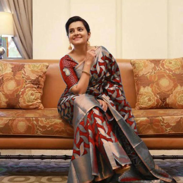 NOZ2TOZ Jacquard Lichi Silk Red Saree With Unstitched Blouse Piece - Distacart