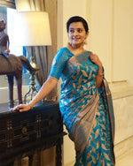 Thumbnail for NOZ2TOZ Jacquard Lichi Silk Sky Blue Saree With Unstitched Blouse Piece - Distacart