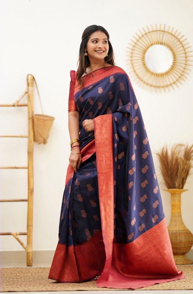 NOZ2TOZ Jacquard Lichi Silk Navy Blue Saree With Unstitched Blouse Piece - Distacart