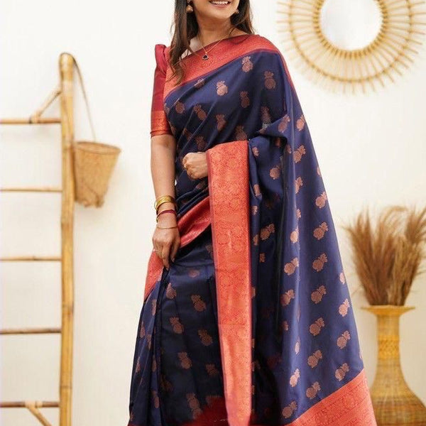 NOZ2TOZ Jacquard Lichi Silk Navy Blue Saree With Unstitched Blouse Piece - Distacart